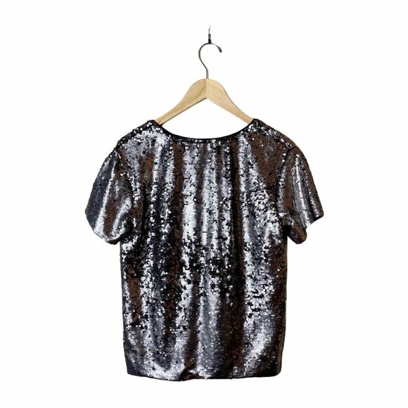 ANTHROPOLOGIE Sequin Top Short Sleeve V-Neck Vanessa Virginia Silver Small EUC - Picture 10 of 11